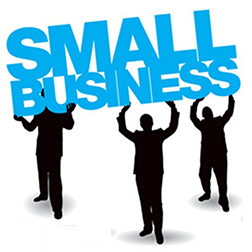 On the left side is a rectangular picture with a white background shows 3 male silouhettes holding up the word 'Small Business' in blue type.  The right side shows 4 smaller triangles that together make up a larger triangle.  The smaller top triangle is blue with a  whitle text label of 'State'. The center purple triangle is upside down with a whitel text label of 'ADA Member'.  The bottom left triangle is a green upright triangle with a white label of 'National'. The bottom right upright triangle is Mauve in color with a white text label of 'Local'. 