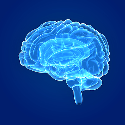 Blue neon brain in dark blue circle